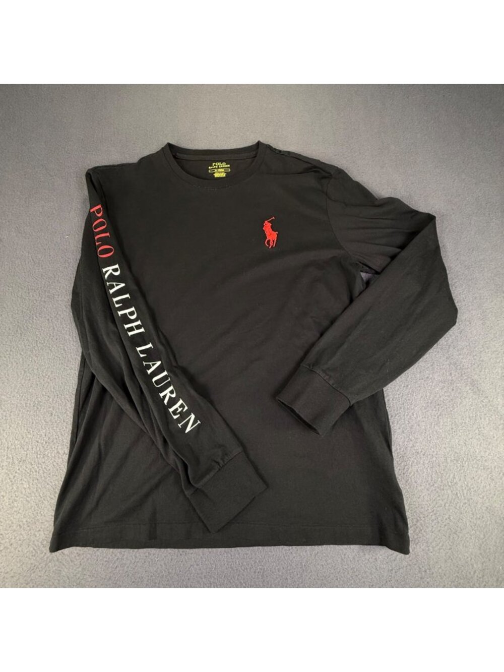 Polo Ralph Lauren Long Sleeve T-Shirt Black Big Pony Sleeve Print Mens Med EUC